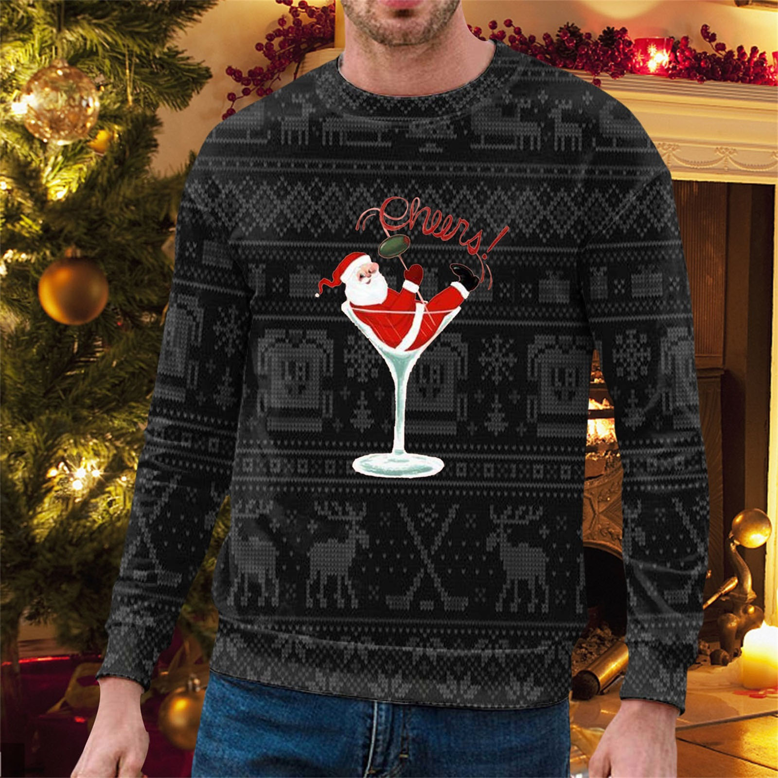 WILLBEST Mignon Zip Ups Hommes Automne et Hiver Décontracté Tendance Noël Imprimé Chandail à Capuchon à Col Rond
