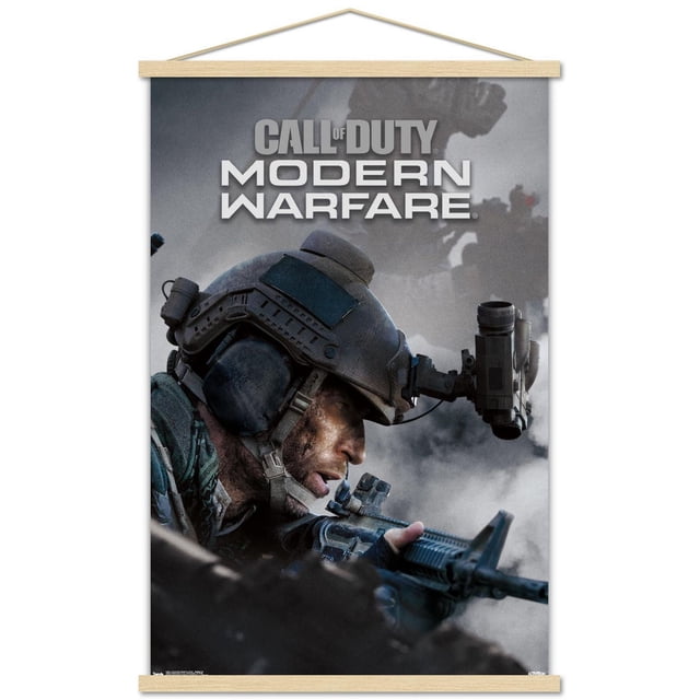 Call of Duty : Modern Warfare - Affiche Murale Multijoueur, 22,375 Po x 34 Po Représentant un Soldat avec Casque Tactique et Équipement Orientant un Fusil avec une Lunette Montée au Milieu du Champ de Bataille dans la Fumée, avec le Titre du Jeu Affiché ci-Dessus.