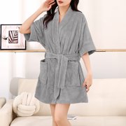 Soki Womens Bathrobe Short Sleeve Shawl Collar Belted Spa Hotel Thickened Fleece Robe