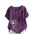 thumbnail image 2 of Liquidation Horkkom Chemises à Manches Courtes pour Femmes Été Grande Taille Chemises en Lin Décontractées Col Rond Imprimé Floral Hauts Amples, 2 of 4
