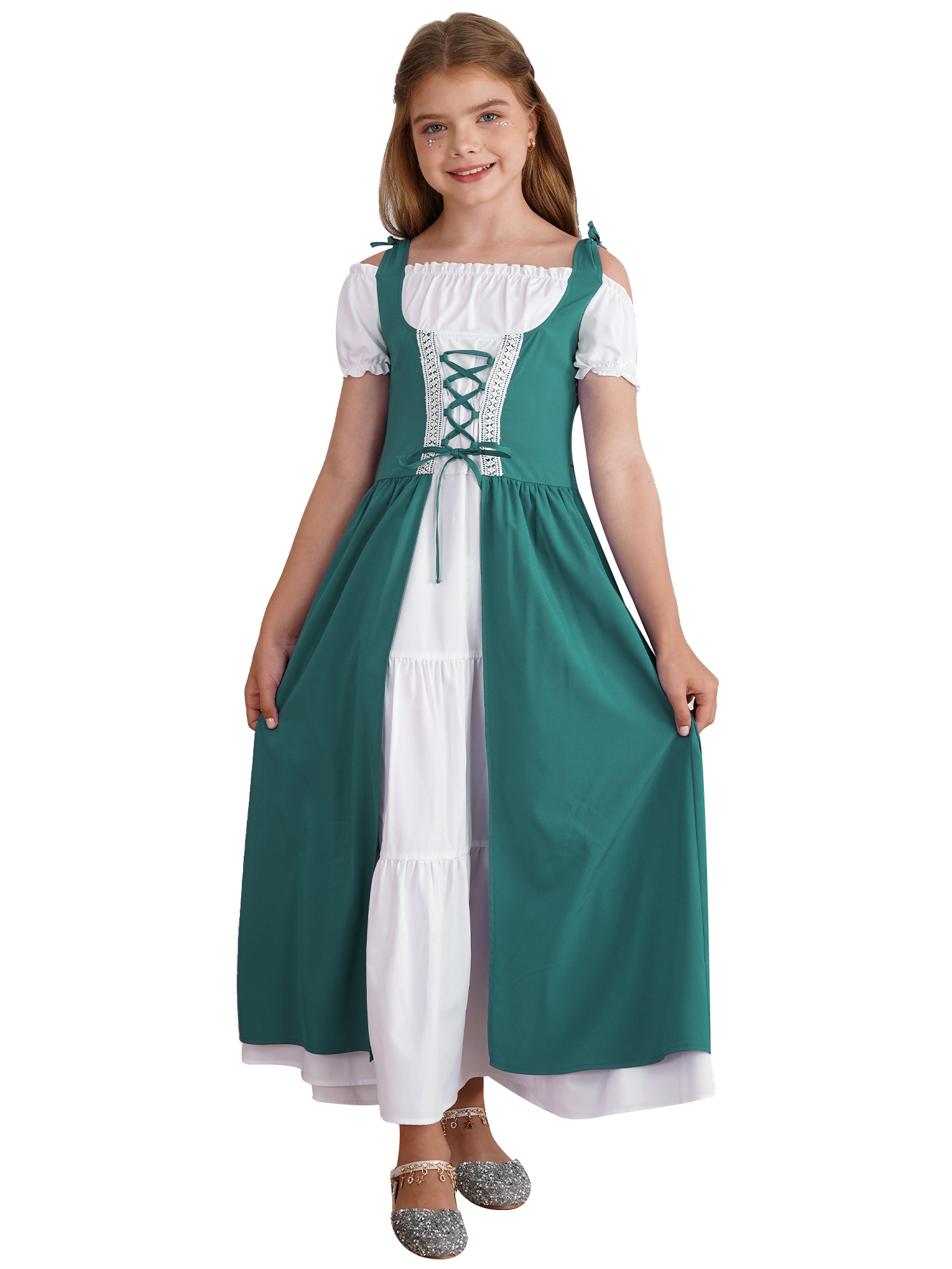 Mufeng Robe Vintage Renaissance Médiévale pour Filles Robe en Velours Robe de Fête Cosplay Renaissance Halloween Vert 12