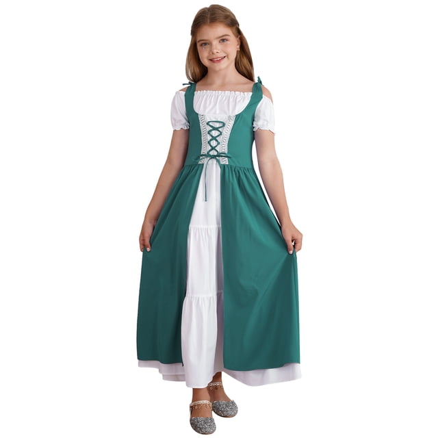YiZYiF Robe Vintage Médiévale Renaissance à Manches Courtes pour Filles Enfants Halloween Festival Jeu de Rôle Fête Robes de Bal Vert 14