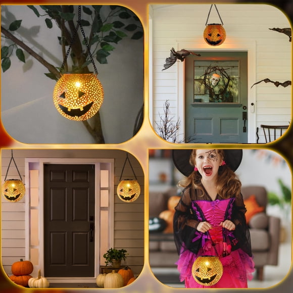 XYAIYT Halloween Decorations Outdoor Hanging Solar Pumpkin Lantern Solar Powered Waterproof Iron Portable Light Up Decoration for Backyard Garden Porch Tree Yard Halloween Party 16.9x4.5x4.5in Orange