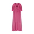 thumbnail image 4 of Pisexur Robes d'Été pour Femmes en Doux Lin-Coton Robes d'Été pour Femmes Décontractées à Col en V Manches 3/4 Robe Maxi Ample Confortable Fluide Robes pour Femmes Couleur Unie à Volants Boho Longues Robes P-2TG Rose, 4 of 5