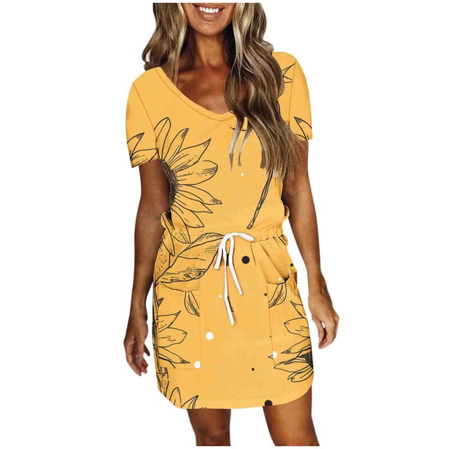 DPTALR Robe Mi-Mollet à Manches Courtes et Col en V pour Femmes, Jupes Courtes Rétro pour Dames, Jolies Robes d'Été pour Sorties pour Filles