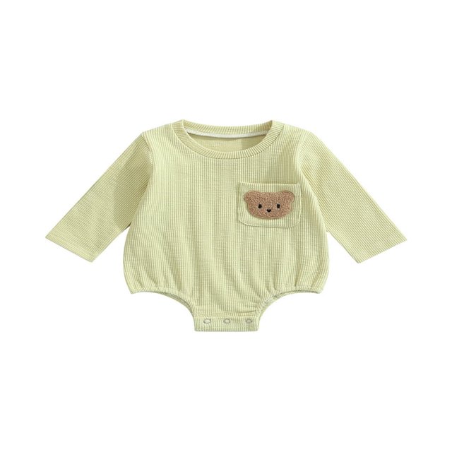 Barboteuse d'Automne pour Bébés Filles Garçons, Col Brodé d'Ours, Manches Courtes, Combinaison à Boutons-Pression