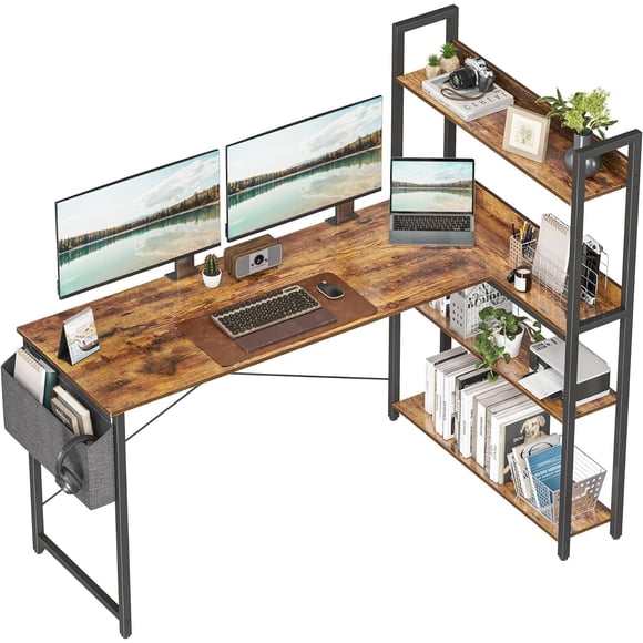 47 Inch Computer Desk with Bookshelf, Corner Desk with Storage, L Shape Desk, Home Office Desk, Bedroom Writing Study Desk, White,55 Inch