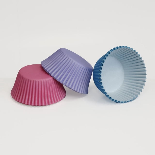 Pillsbury 300 pack bright coloured paper baking cups with three large fluted muffin cups in pink, purple, and blue made of 40gsm greaseproof non-stick paper, suitable for baking cupcakes and often used for serving snacks or crafts.