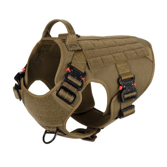 ICEFANG Tactical Dog Harness with 4X Metal Buckle Working Dog MOLLE K9 Vest with Handle No Pulling Front Clip Adjustable Pet Harness for Large Dogs (L (28""-35"" Chest) Brown)