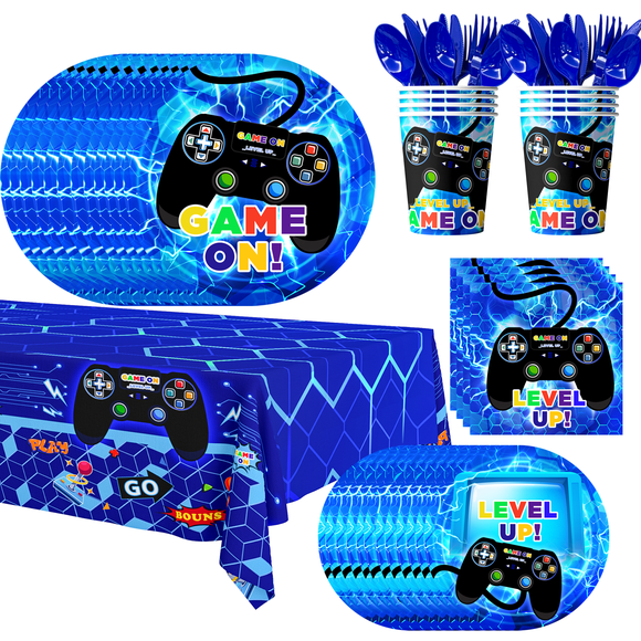 Décorations d'Anniversaire de Jeu, Ensemble de Vaisselle de Fête de Jeu 113 Pcs - Assiettes Bleues Gobelets Serviettes Nappe Etc. Fournitures de Fête pour Enfants