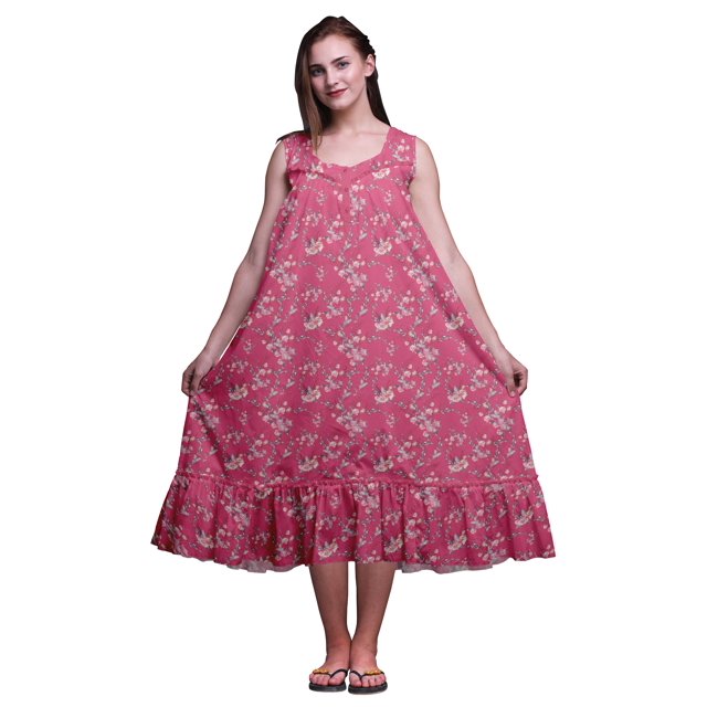 Bimba Pink3 Floral Roses & Ranunculus Cotton Nightgowns For Women Mid-Calf Printed Sleepwear Night Dress X-Small
