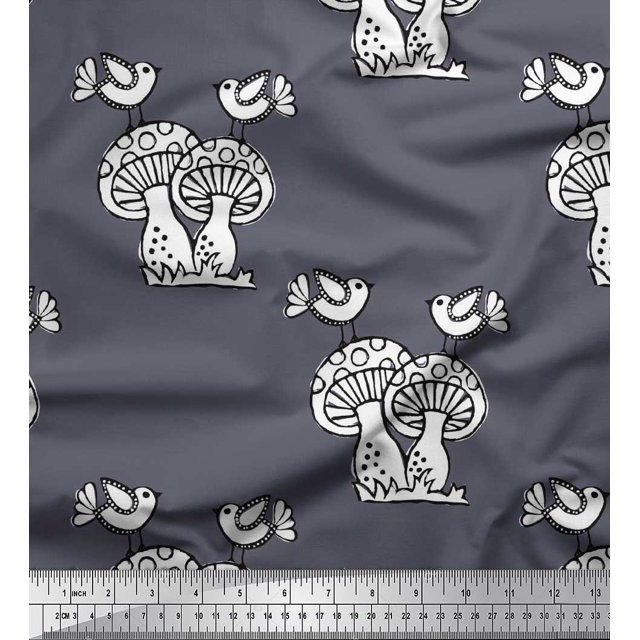 Soimoi Moss Georgette Fabric Bird & Mushroom Block Fabric Prints by Yard 42 Inch Wide