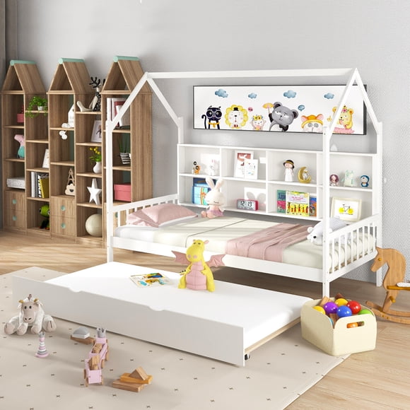 Gymax Twin House Daybed with Trundle Wooden Bed 8 Storage Shelf Compartments White
