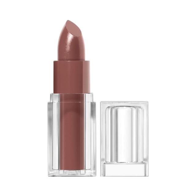 Clean Lip Color satin finish lipstick in muted rose shade with 24-hour wear, in a clear rectangular tube with cap removed, infused with 3% squalane, avocado, and aloe for hydration and non-drying comfort