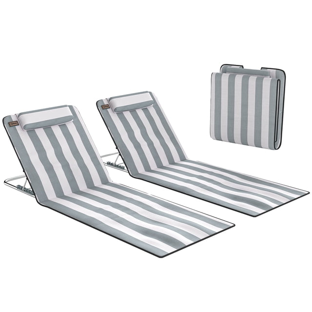 Outsunny 2 Pcs Folding Beach Lounge Chair w/ Pillow, Light Grey