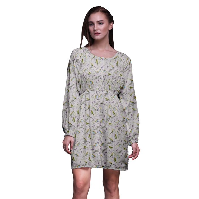 Bimba Robe Midi Boutonnée Gris Bleu Baies et Oiseau Flowerpecker pour Femmes Tunique à Manches Longues Haut Smocké-TP