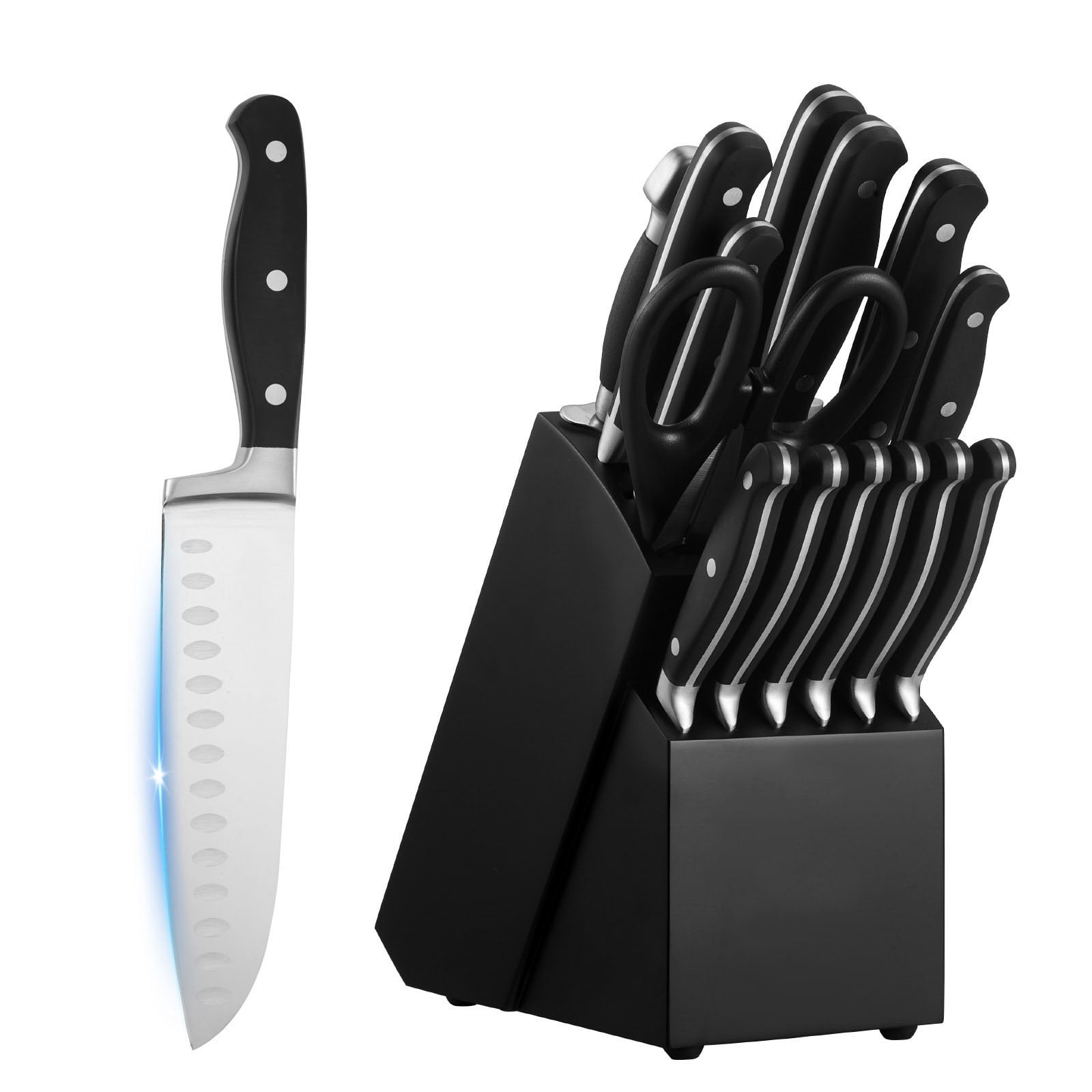 KFFKFF Kitchen Knife Set with Block and Sharpener, 15 Piece High Carbon Stainless Steel Sharp Knife Set, Kitchen Cutlery with Crack-Resistant Handle, Sharpening Rod and Wooden Block