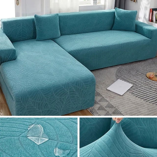 Waterproof Sofa Covers 1/2/3/4 Seats Jacquard Solid Couch Cover L Shaped Sofa Cover Protector Bench Covers in teal with a textured leaf pattern. The cover fits snugly over an L-shaped sofa, showcasing its stretchable and waterproof properties. Ideal for protecting furniture from spills, stains, and wear in modern living spaces.