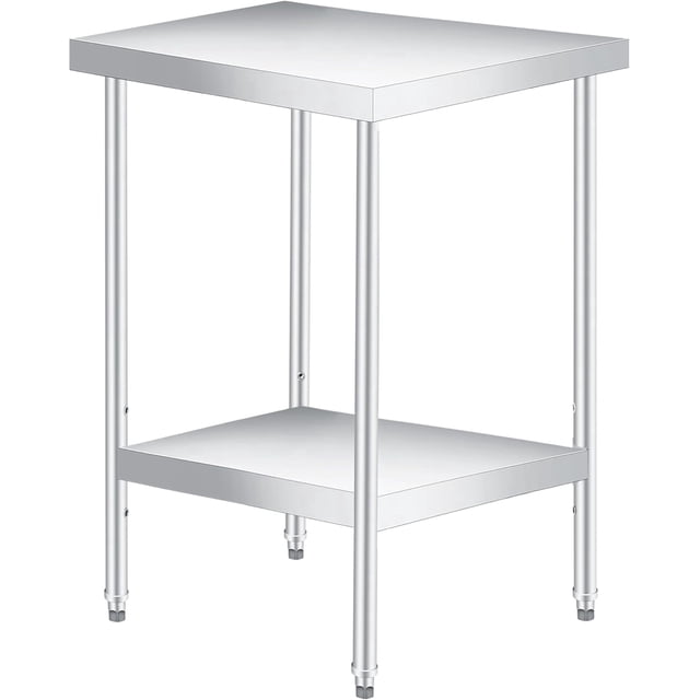 YUSAZENS 201 Stainless Steel Double Layer Storage Table, Mobile Workbench Tool Cart 24*24"+legs