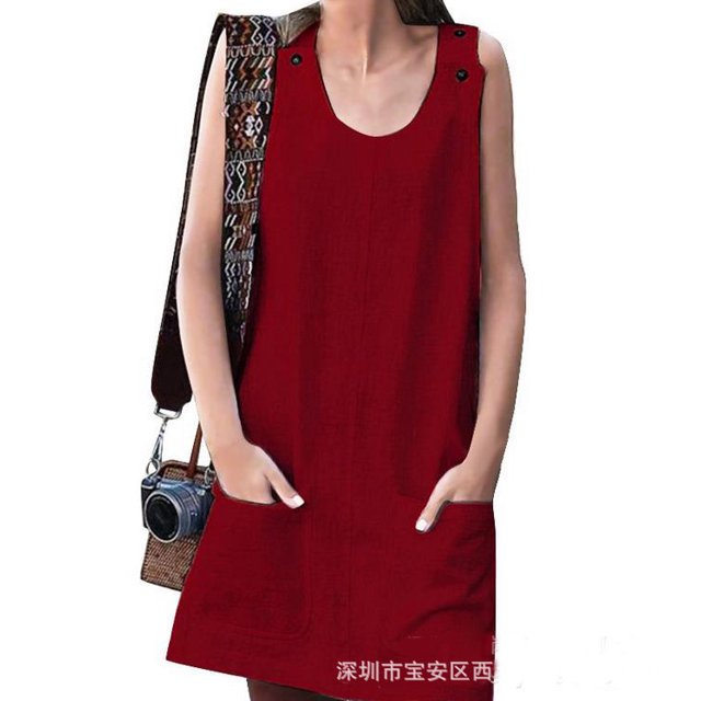 Nouvelle Robe de Poche Boutonnière pour Femmes Sans Manches à la Maison Décontractée Grande Taille Robe Couleur Unie en Vrac Robe d'Été