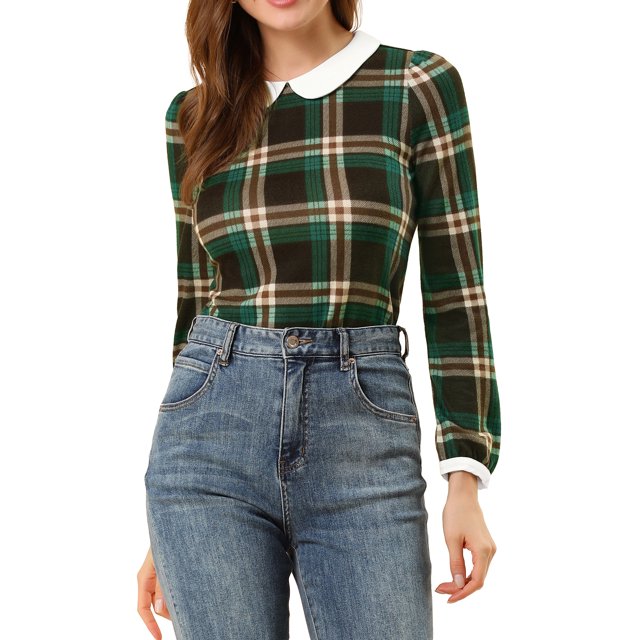 Unique Bargains Chemise à Carreaux Manches Longues Contrastées Col Peter Pan pour Femmes