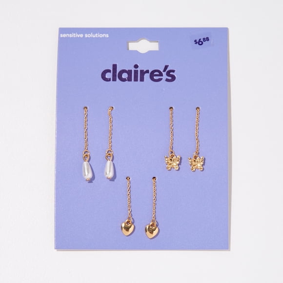 Claire's Lot de 3 Boucles d'Oreilles Pendantes Dorées avec Perle, Papillon et Cœur