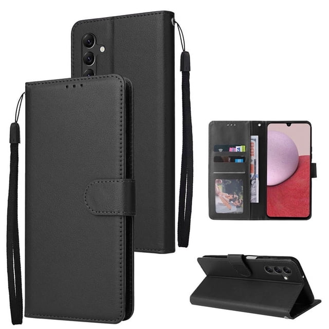 Samsung Galaxy A35 5G Wallet Case, Leather Magnetic Card Slot Wallet Folio Flip Cellphone Case Cover in black. Features include multiple credit card slots, a pocket for bills, a magnetic clasp for secure closure, and a convertible media stand. Made with premium synthetic leather and TPU for shock absorption and drop protection.