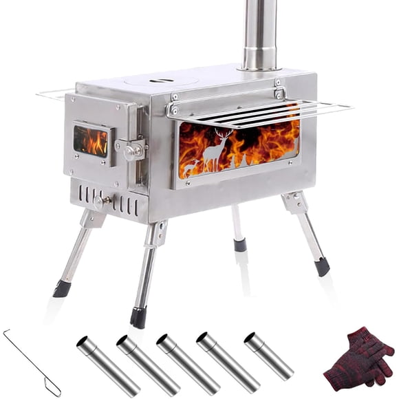 Yivke Wood Burning Stove, Stainless Steel Camping Stove, Portable Hot Tent Stove for Heating, Camp Wood Stove with 5 Section Chimney Pipes & Gloves for Outdoor Cooking, Ice Fishing, Silver