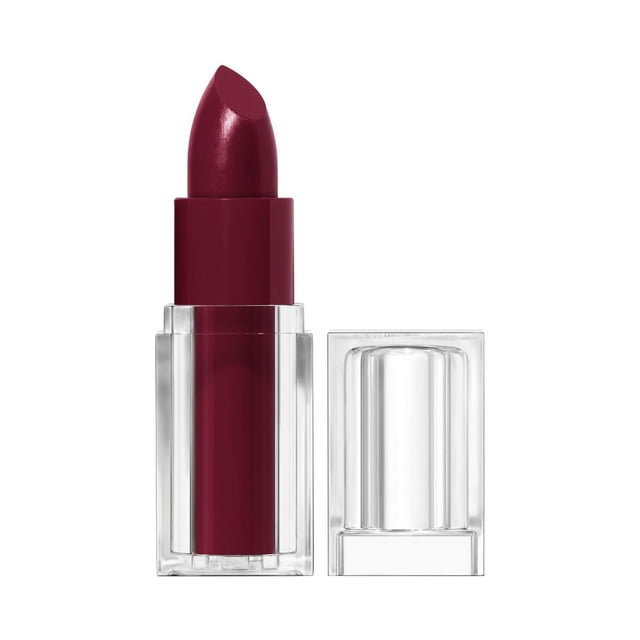 Clean Lip Color satin finish lipstick in deep berry shade with 24-hour wear, in a clear rectangular tube and cap, enriched with 3% squalane, avocado, and aloe for all-day hydration and smooth, non-drying coverage.