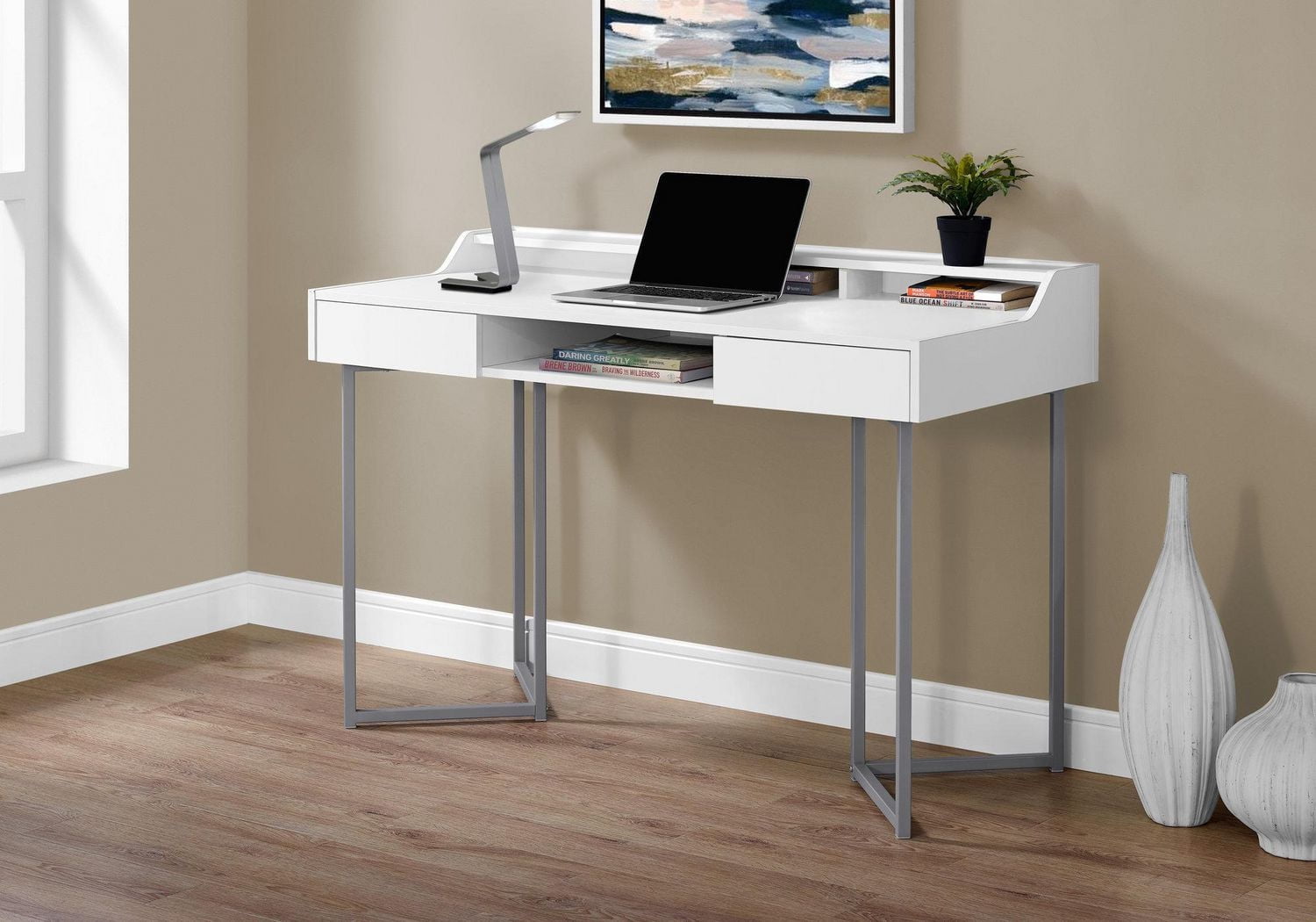 Monarch Specialties Computer Desk, Home Office, Laptop, Storage Drawers, 48"l, Work, Metal, Laminate, White, Grey, Contemporary, Modern