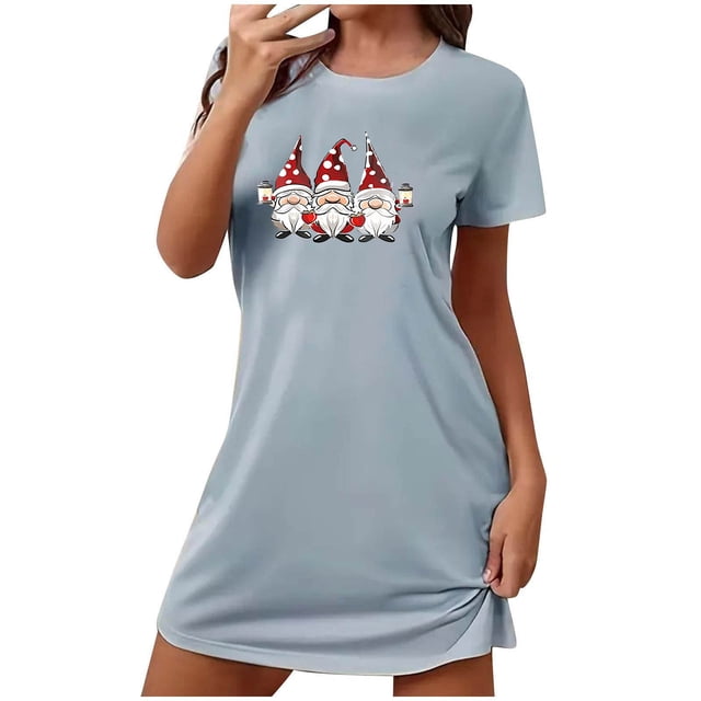 Levmjia Nuisettes en Coton pour Femmes à Manches Courtes, Vêtements de Nuit Doux d'Été, Confortables, Coupe Ample, Robe de Nuit Imprimée à Col Rond pour Grande Taille, Pyjamas Décontractés pour la Maison