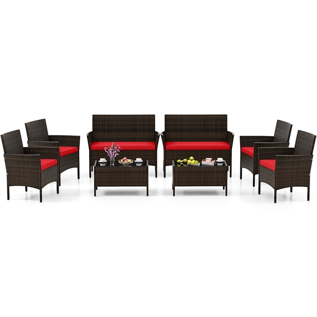 Gymax Ensemble de Mobilier de Patio 8 Pcs avec Coussins Lavables et Table Basse en Verre Trempé
