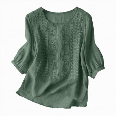 WUANDIXFA Chemises à Manches Longues pour Femmes Chemises en Lin pour Femmes Rétro Broderie Été Amples T-Shirts à Manches 3/4 Tuniques Hauts Blouses Décontractées Vêtements Boho Vert,m