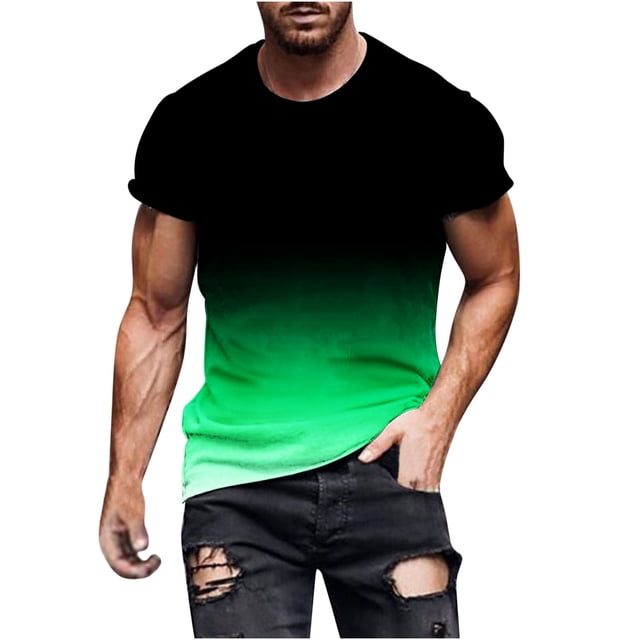 Penkiiy T-Shirt Ajusté pour Homme, Col Rond Décontracté, T-Shirt Ombré, Été, Manches Courtes, Hauts Dégradés, Stylé, Entraînement, Musculation, Chandails de Base, 4TG, Vert