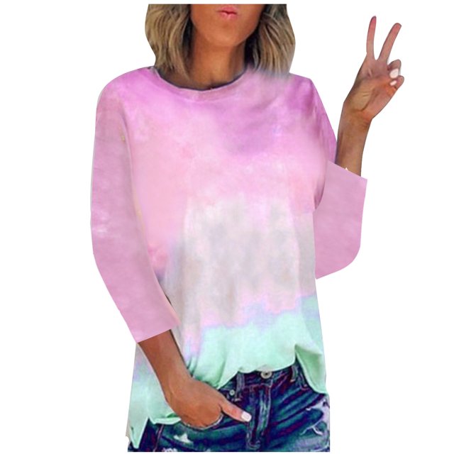 RKSTN Chandails pour Femmes Manches Longues Mode Hauts à Col Rond Imprimés Teinture sur Nœuds Décontractés Sortie Blouses Amples