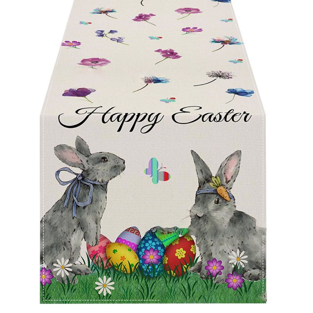 Binwennn Décorations de Mariage Automne Table d'Entrée Lavée Chemin de Table de Pâques Lin Imprimé Lapin Nappe pour la Maison Décoration de Table pour Fête des Fêtes Nappe Tapis I