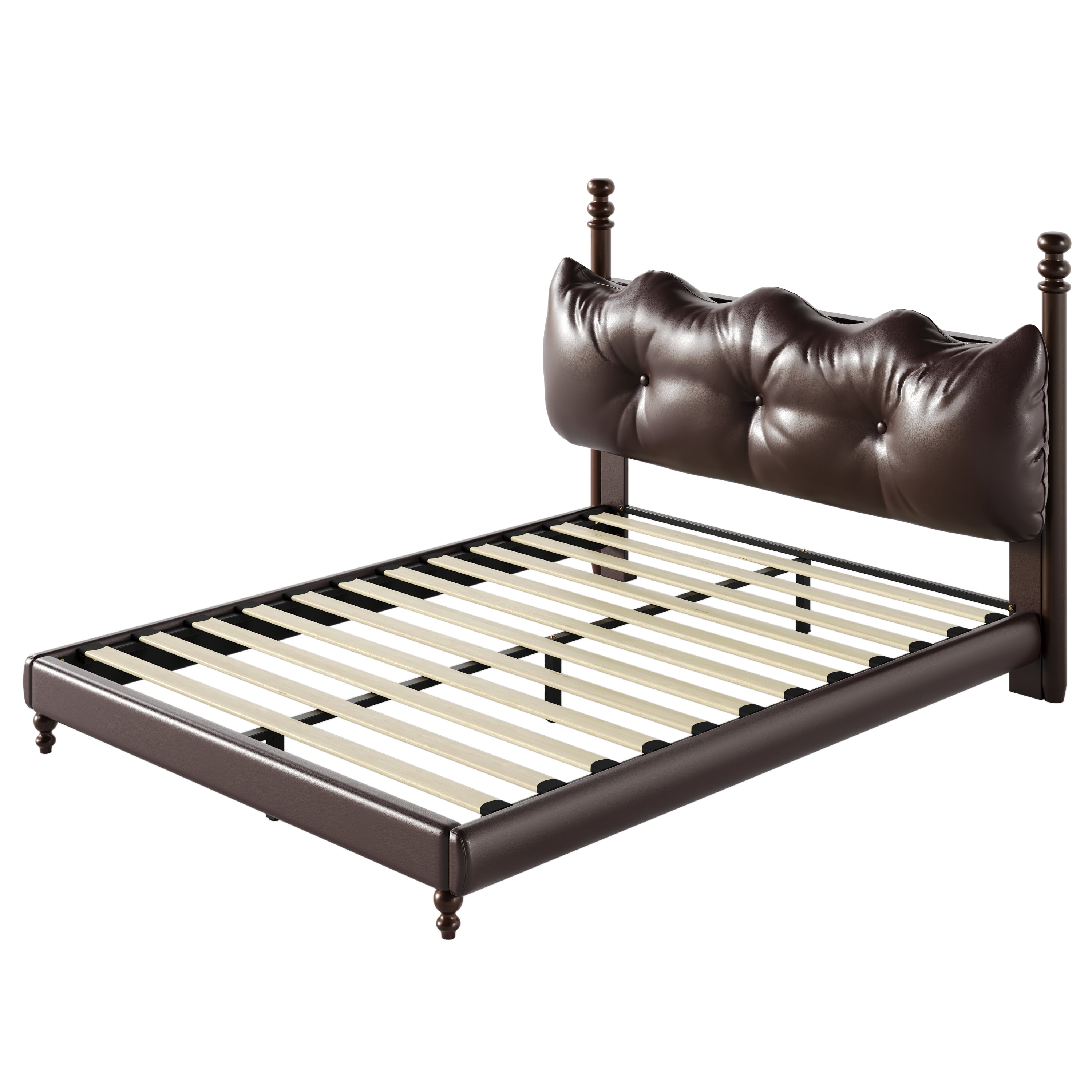 Noble House Lit Plateforme Grand Rembourré avec Tête de Lit, Cadre de Lit en Cuir PU avec Poteaux en Bois, Brun