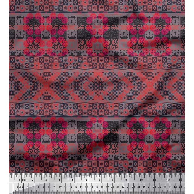 Soimoi Poly Georgette Fabric Check & Damask Ethnic Decor Fabric Printed Yard 42 Inch Wide