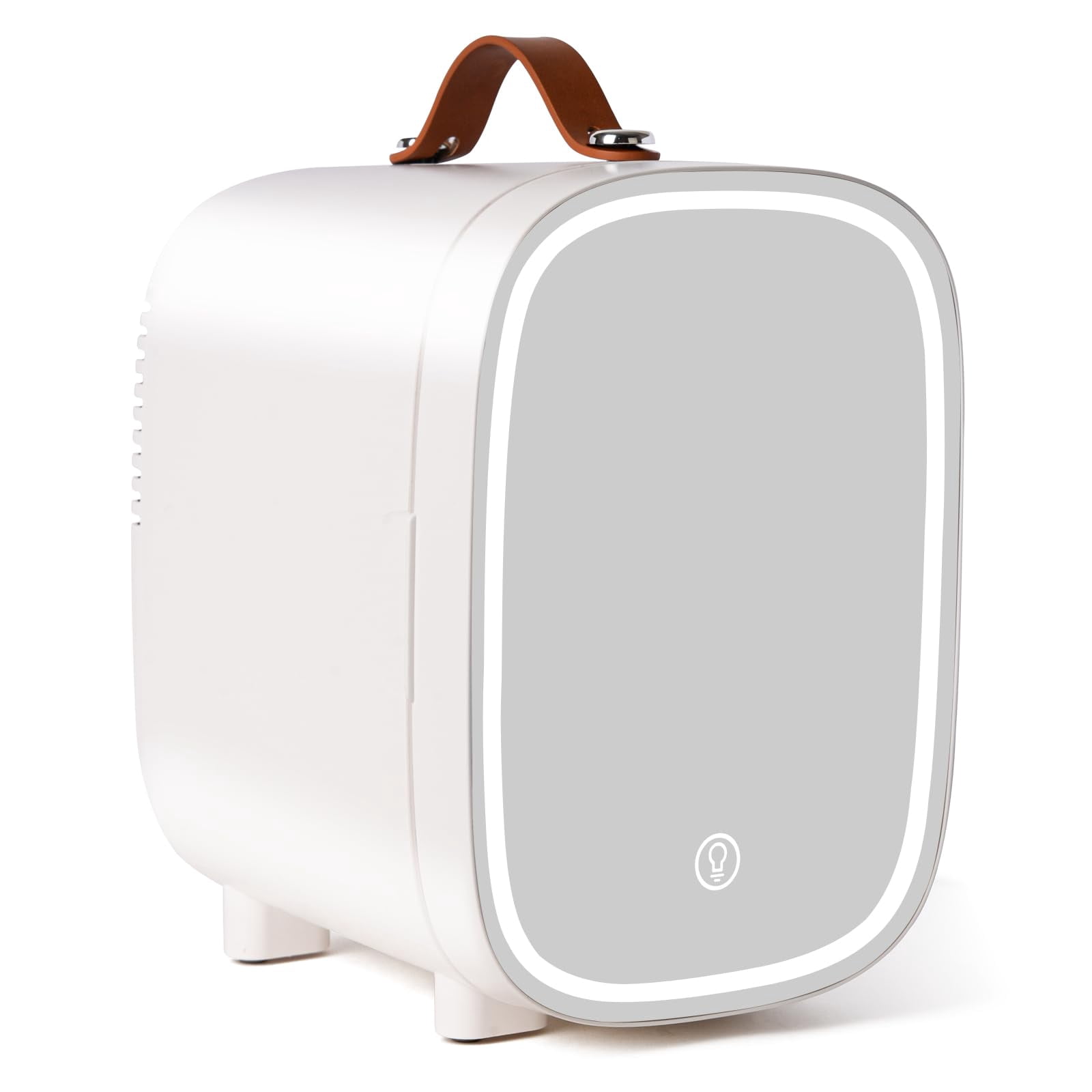 Mini Fridge for Bedroom, 4 Liter/6 Can Skincare Fridge With LED Mirror & Leather Carrying Handle,12v AC/DC Cooler & Warmer Portable Small Refrigerator for Drinks, Makeup