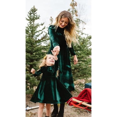 Mommy and Me Dresses Long Sleeve Fashion Velvet Lotus Stretchy Pure Color Puff Sleeve Matching Clothing