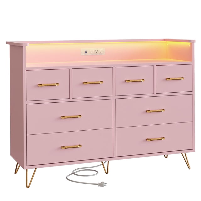 BeesClover Commode Moderne à 8 Tiroirs avec Lumières DEL, Station de Recharge Intégrée, Grand Rangement, Dimensions 49.08 Pouces x 16.73 Pouces x 35.43 Pouces, Parfaite pour la Chambre, le Salon et l'Entrée
