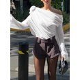thumbnail image 2 of Gupgi Women Ruched Chiffon Tops One Shoulder Long Sleeve 3D Floral Mesh Shirt Solid Color Blouse, 2 of 5