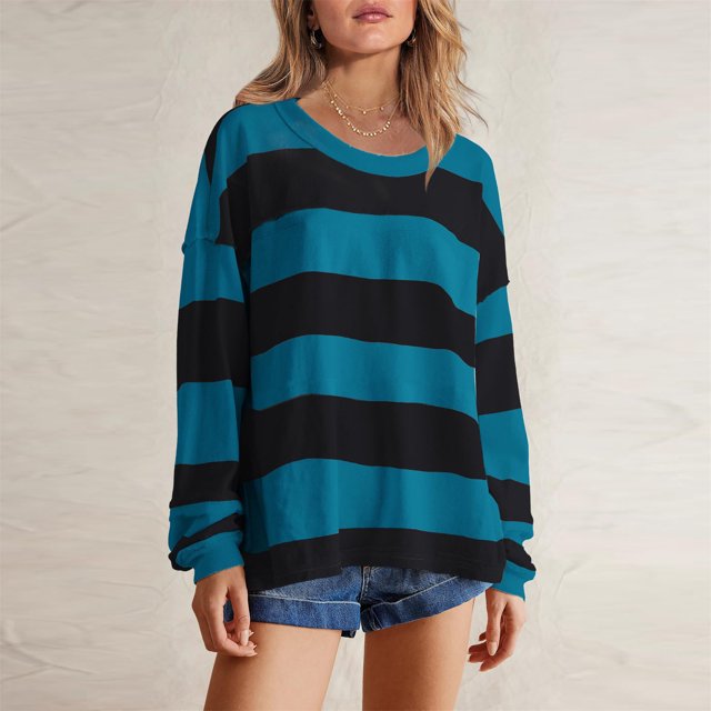Styesk Chandails à Manches Longues pour Femmes, Chemise Tendance à Rayures, Tunique Ample à Col Rond, Chandail à Enfiler, Hauts Décontractés Patchwork, Chandail Doux et Léger