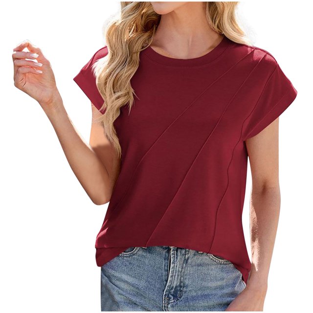 Plebaso Womens Cap Short Sleeve Tops Casual Summer Crew Neck T-Shirts Solid Color Loose Basic Tee Blouses