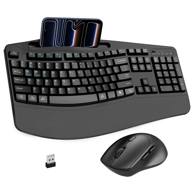 Wireless Keyboard and Mouse Combo, 2.4G Full Size Wave Keys Ergonomic Keyboard with Wrist Rest, Phone Holder, 3-Level DPI Wireless Silent Mouse with