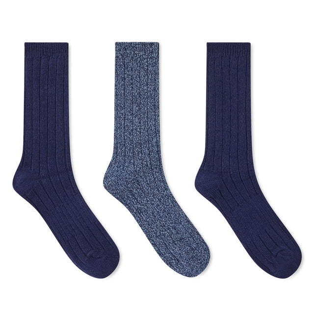 George Men's Crew Socks 3-Pack with three ribbed crew-length socks in assorted navy and blue heather colors, made of 99% polyester and 1% spandex, featuring elastic arch support and ribbed cuffs for a snug fit, ideal for everyday wear and casual outings.