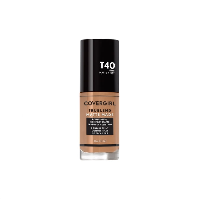 COVERGIRL Trublend Matte Made Foundation in shade T40, a 30 ml liquid foundation with a matte, transfer-resistant formula lasting up to 12 hours, designed to minimize pores and provide a comfortable, natural matte finish suitable for normal to oily skin.