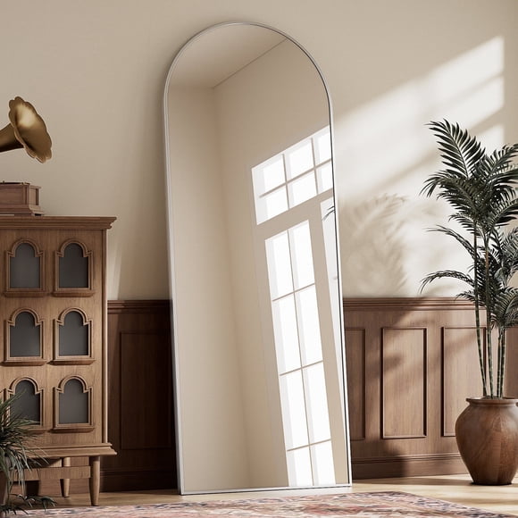 BEAUTYPEAK Miroir sur Pied Arqué 163 X 54 cm (64,1 X 21,1 Pouces), en MDF Robuste avec Support, Couleur Argent.