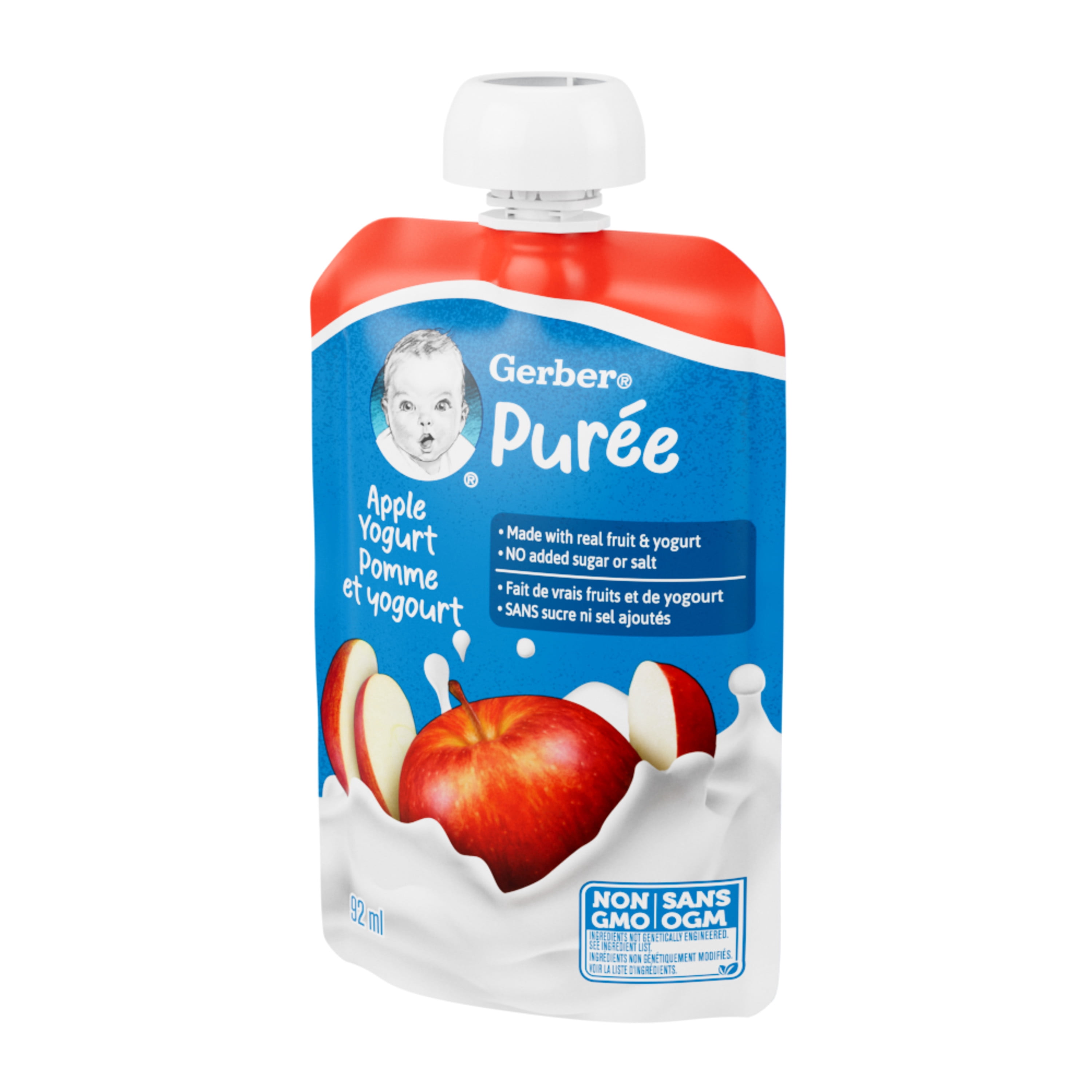 GERBER Purée Pommes et Yogourt, Faite avec de Vrais Fruits et du Yogourt, pour Bébés et Tout-Petits, Sans Sucre Ajouté, Sans Sel Ajouté, non-OGM, Sachet Refermable avec Bec 92ml