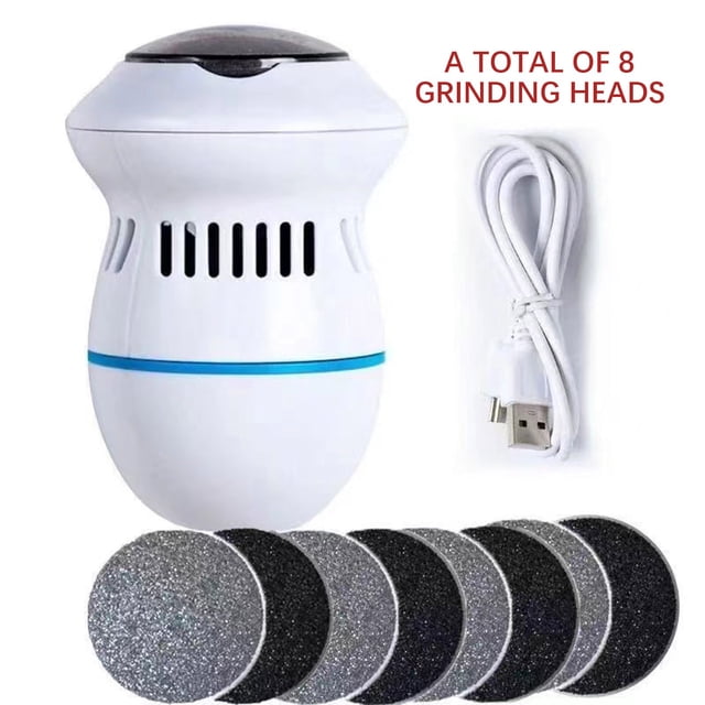 Yhmxh Home Appliances Kitchen Appliances New Home Essentials Automatic Vacuum Foot Grinder Rechargeable Foot Skin Remover Dead Skin Callus Removal Machine Pedicure Machine for Beautiful Feet. The image shows a compact, white device with a blue accent, designed for removing dead skin and calluses. It includes eight grinding heads and a USB charging cable, emphasizing its rechargeable functionality. Suitable for promoting foot health and reducing foot odor.